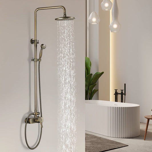 Antique Brass Exposed Wall Mount Shower System with 8" Rain Shower Head and Hand Shower