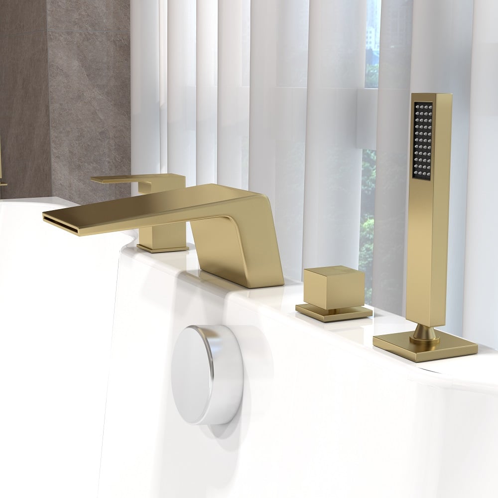 Waterfall Deck-Mount Roman Tub Faucet with Handshower in Brushed Gold