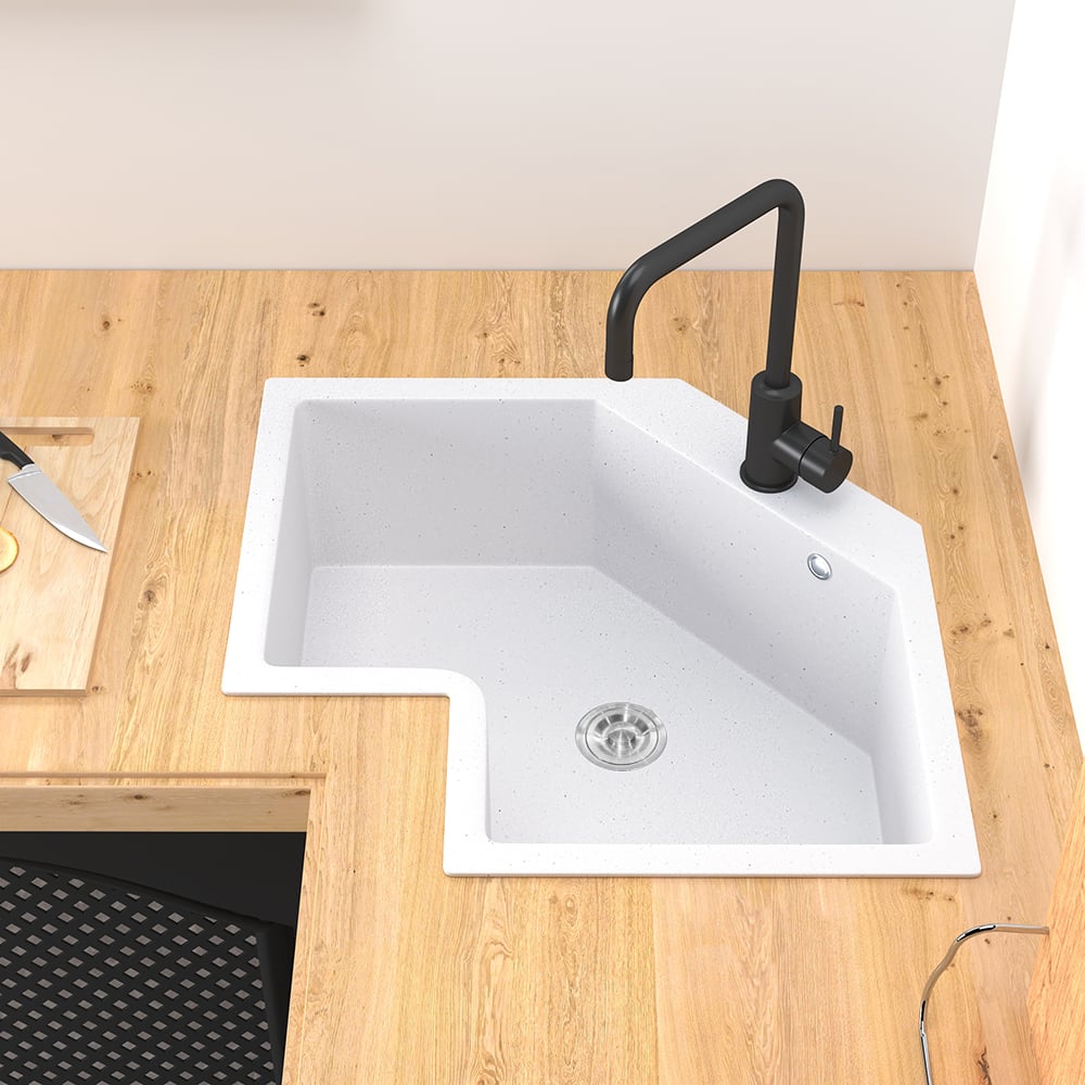 Drop In Corner Irregular Kitchen Sink White 25" Quartz