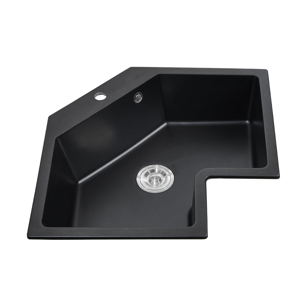 25" Black Drop In Corner Kitchen Sink Modern Single Bowl Quartz Irregular Sink