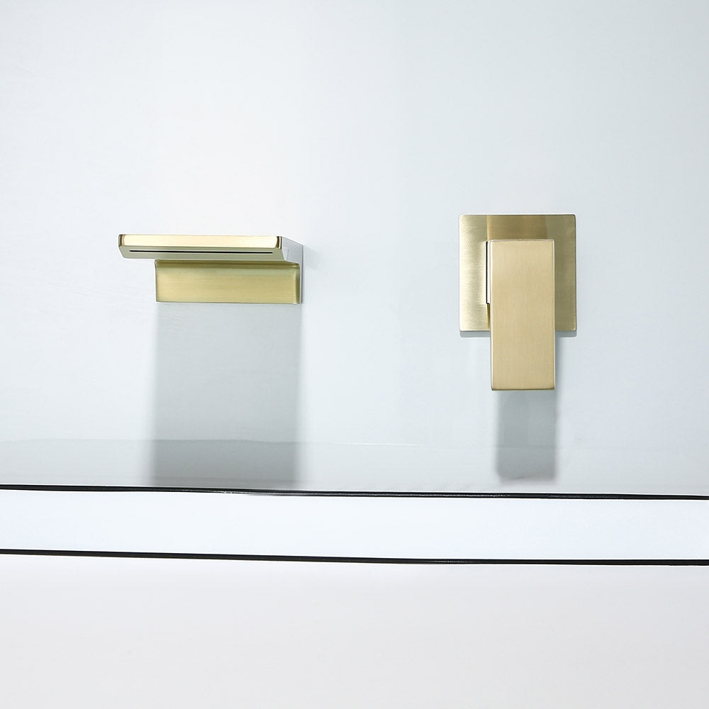 Waterfall Wall Mounted Brushed Gold Bathroom Sink Faucet Single Handle