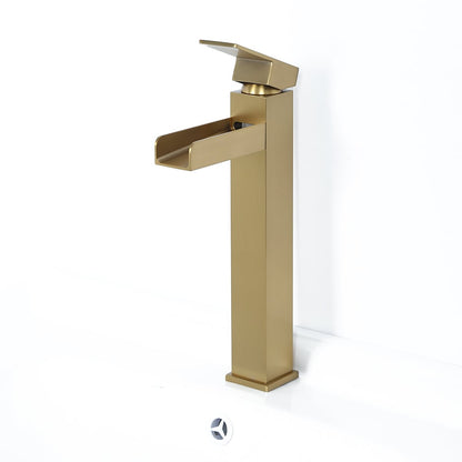 Brushed Gold Single Handle Waterfall Bathroom Vessel Sink Faucet Solid Brass Modern