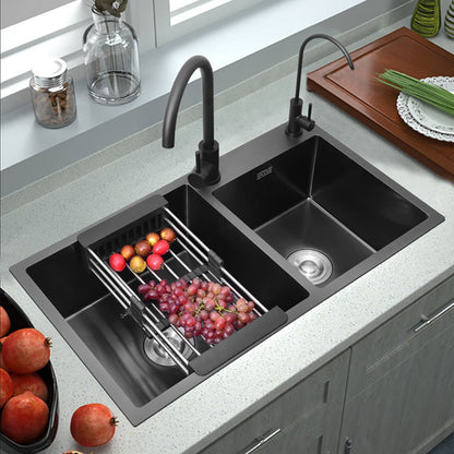 32" Black Stainless Steel Kitchen Sink Double Bowls Drop-In Sink with Drain and Overflow