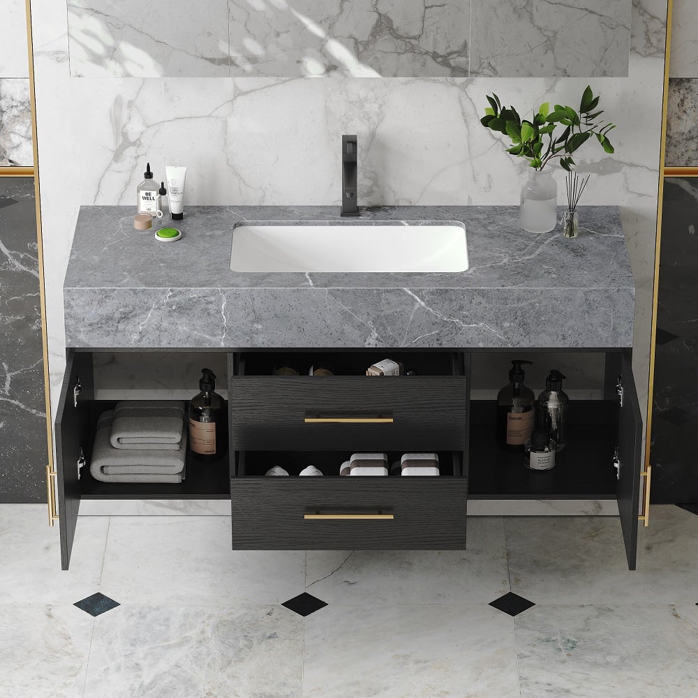 Modern 39" Black Floating Single Bathroom Vanity with Sintered Stone Top and Sink