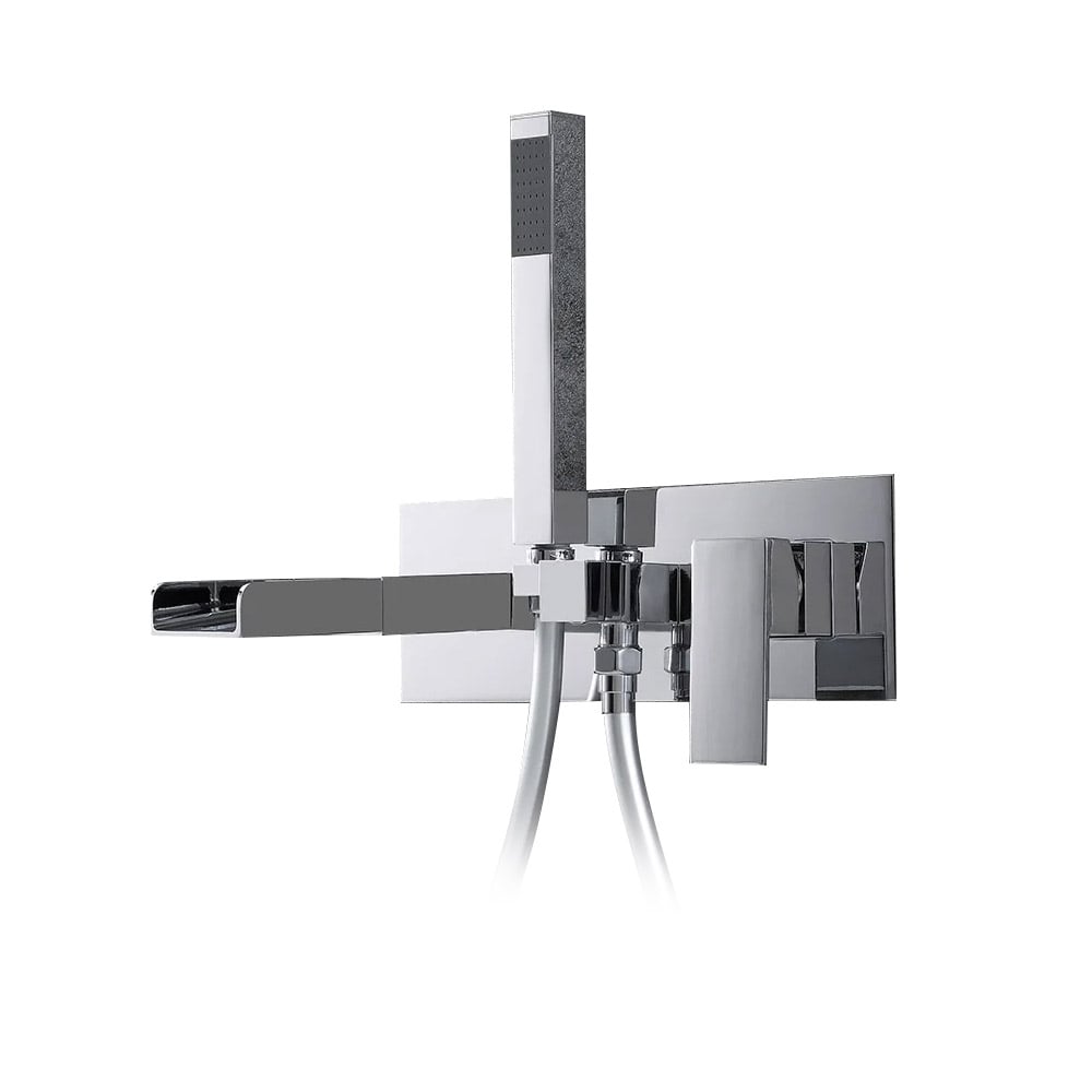 Mill Modern Waterfall Wall-Mount Tub Filler Faucet & Handshower Chrome Solid Brass