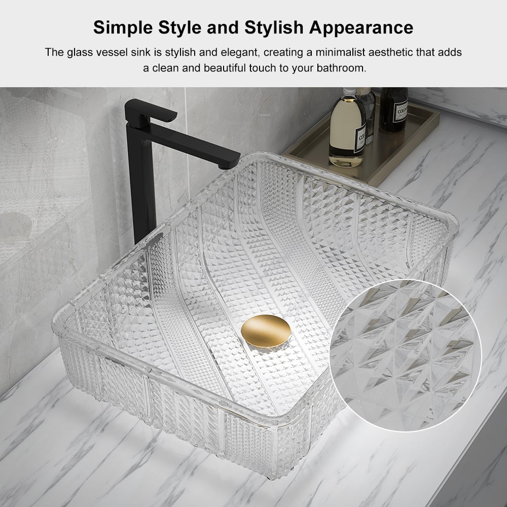 Modern Glass Rectangle Transparent Bathroom Vessel Sink Clear Wash Sink with Drain