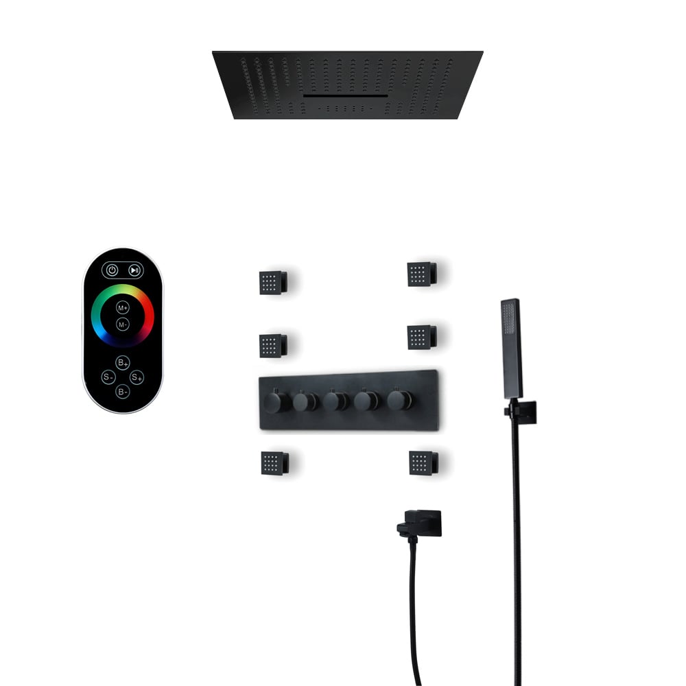 Wall-Mounted 16" Shower System in Black 4 Function Thermostatic