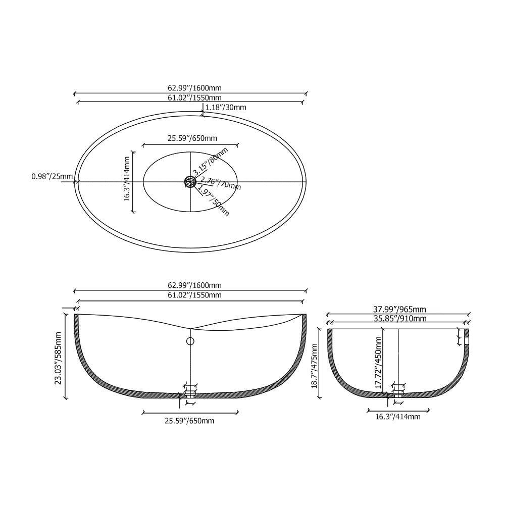 63" Industrial Oval Freestanding Cement Soaking Bathtub Gray