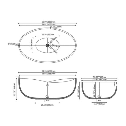 63" Industrial Oval Freestanding Cement Soaking Bathtub Gray