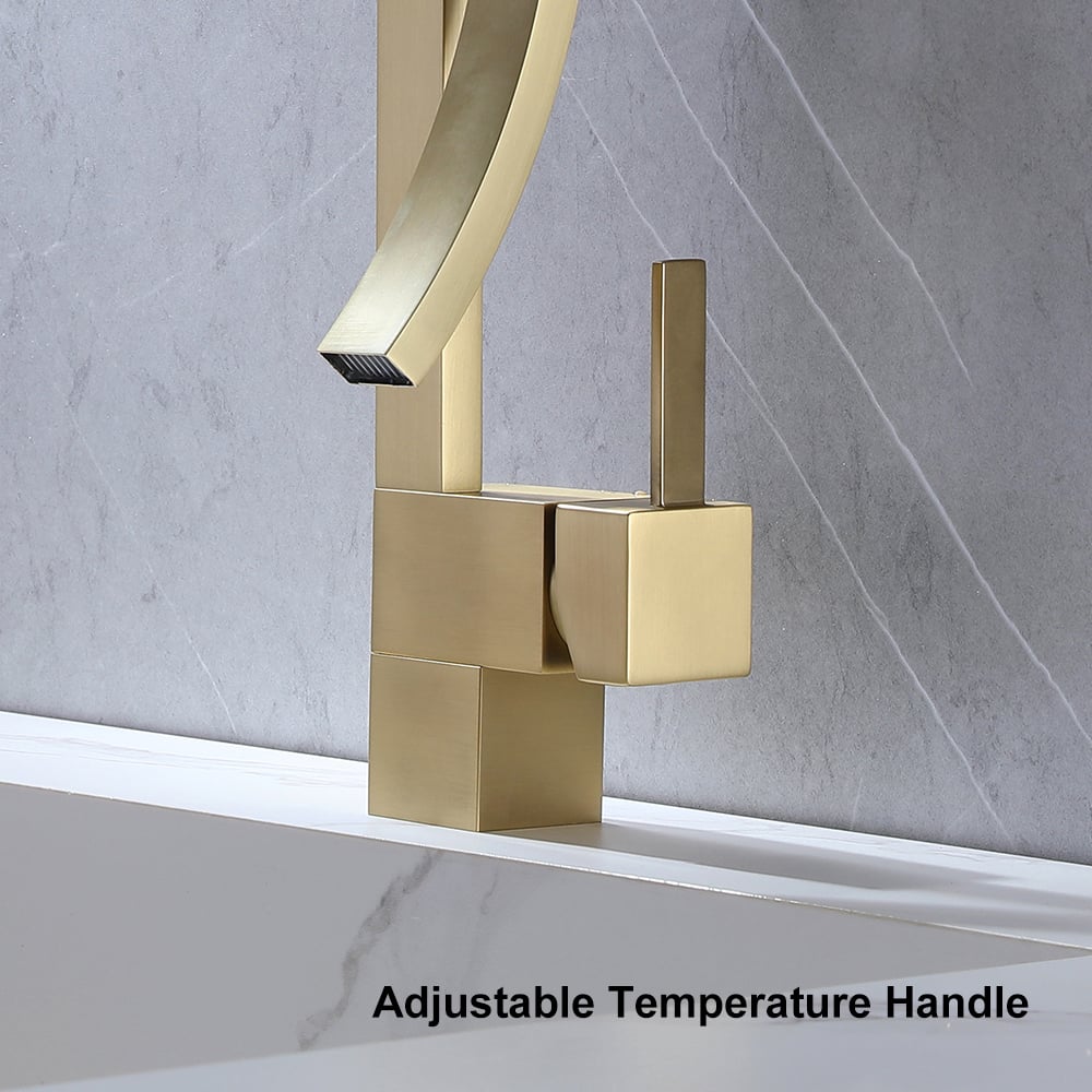 Brushed Gold Waterfall Bathroom Sink Faucet Single Hole Single Handle Brass Modern Style