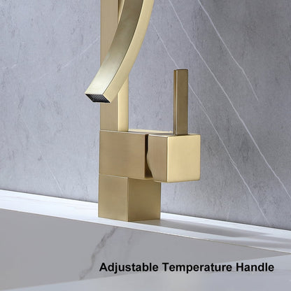 Brushed Gold Waterfall Bathroom Sink Faucet Single Hole Single Handle Brass Modern Style
