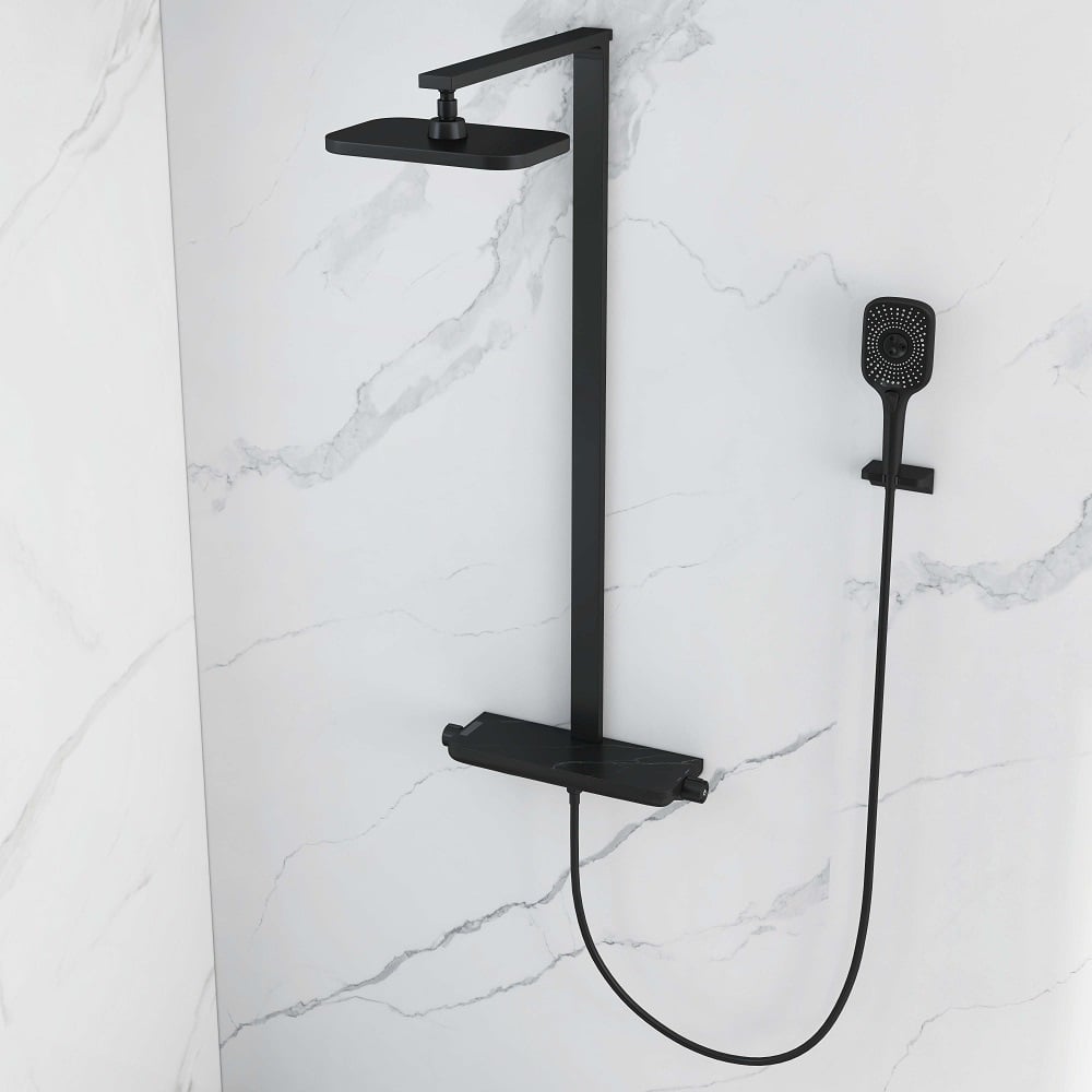 Black Exposed Rainfall Shower System with Handshower & Stone Rack Solid Brass
