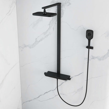 Black Exposed Rainfall Shower System with Handshower & Stone Rack Solid Brass