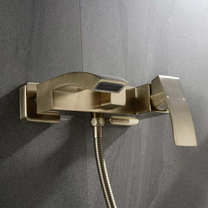 Ridge Wall-Mount Waterfall Bathtub Faucet Tub Filler with Hand Shower in Brushed Gold