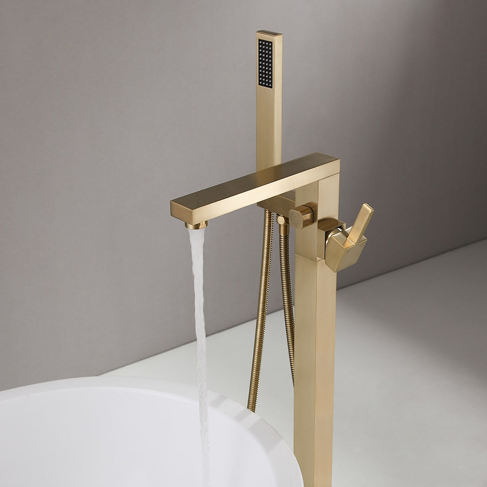 Freestanding Bathtub Faucet Gold Brushed Brass with Hand Shower
