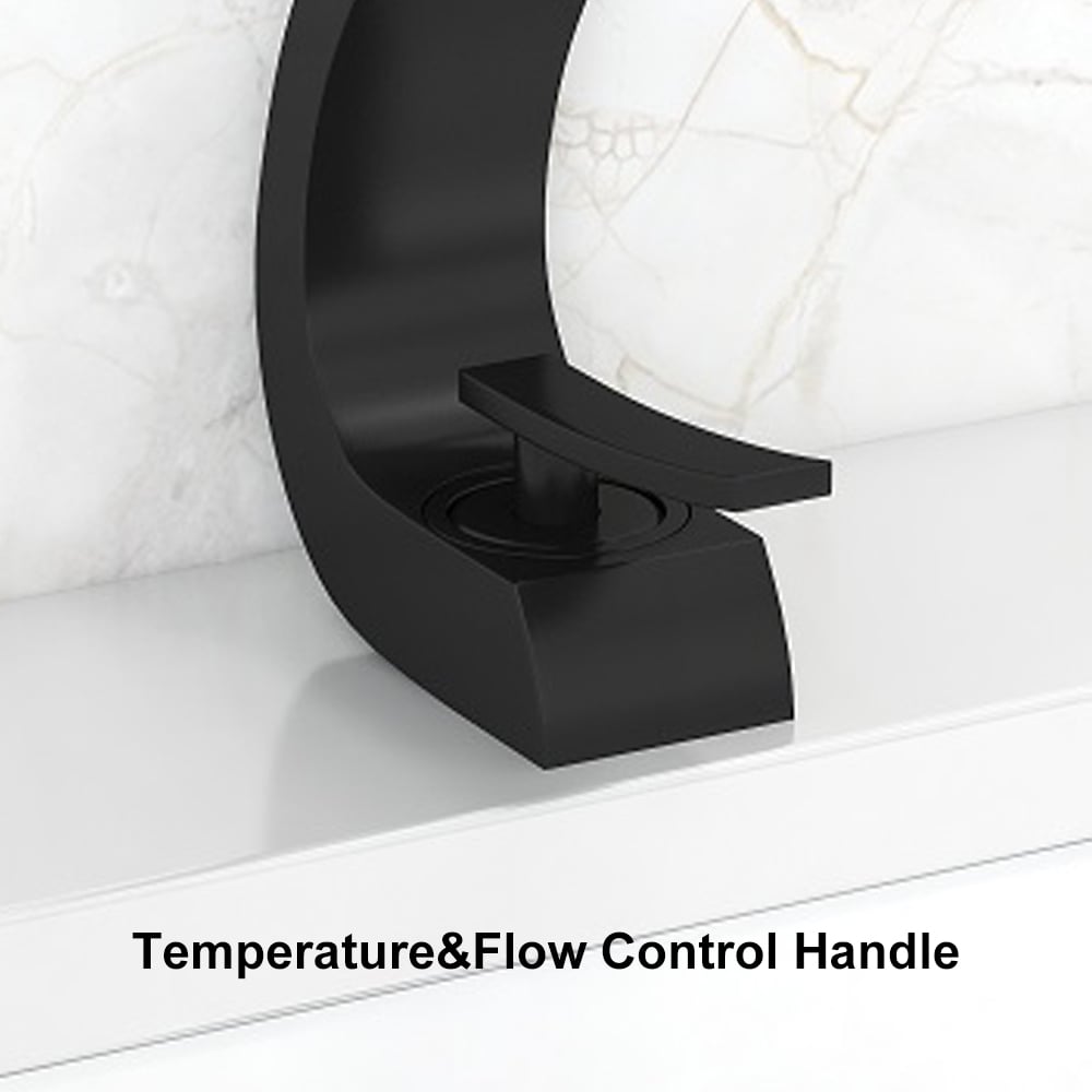 Modern Single Hole 1-Handle C-Shaped Curved Spout Bathroom Sink Faucet with Pop Up Drain in Matte Black