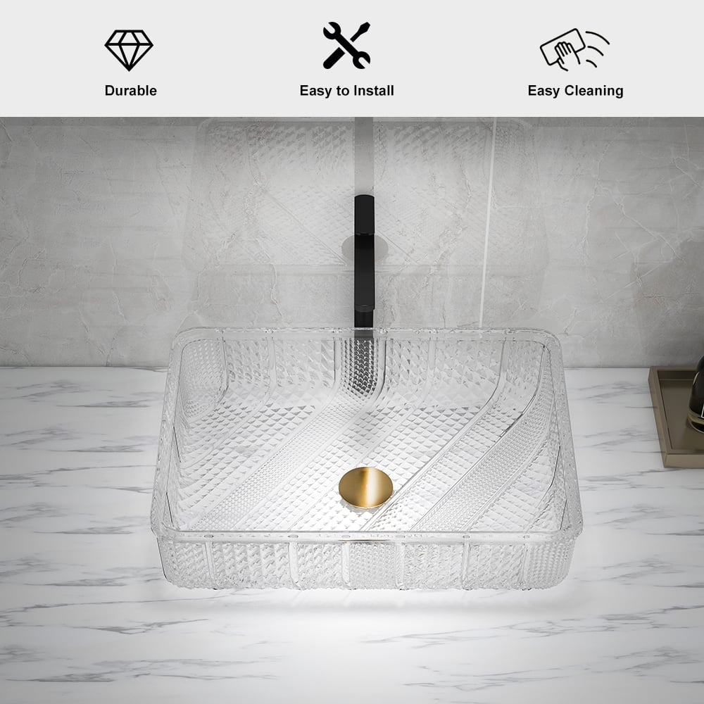 Modern Glass Rectangle Transparent Bathroom Vessel Sink Clear Wash Sink with Drain
