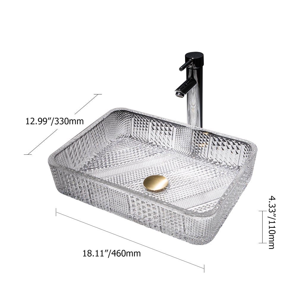 Modern Glass Rectangle Transparent Bathroom Vessel Sink Clear Wash Sink with Drain