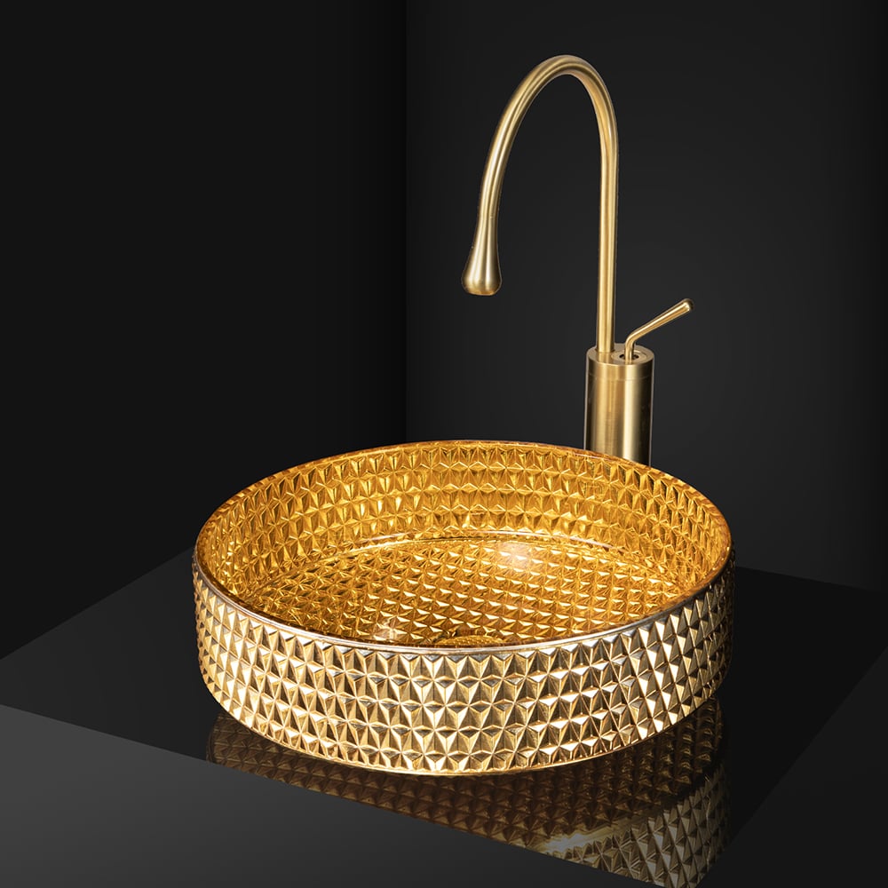 15" Modern Luxury Diamond Shaped Crystal Glass Bathroom Vessel Sink in Gold