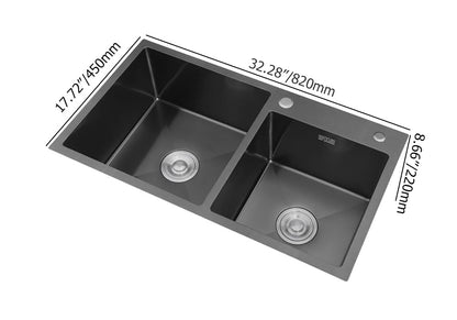 32" Black Stainless Steel Kitchen Sink Double Bowls Drop-In Sink with Drain and Overflow
