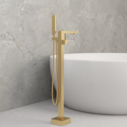 Freestanding Bathtub Faucet Gold Brushed Brass with Hand Shower