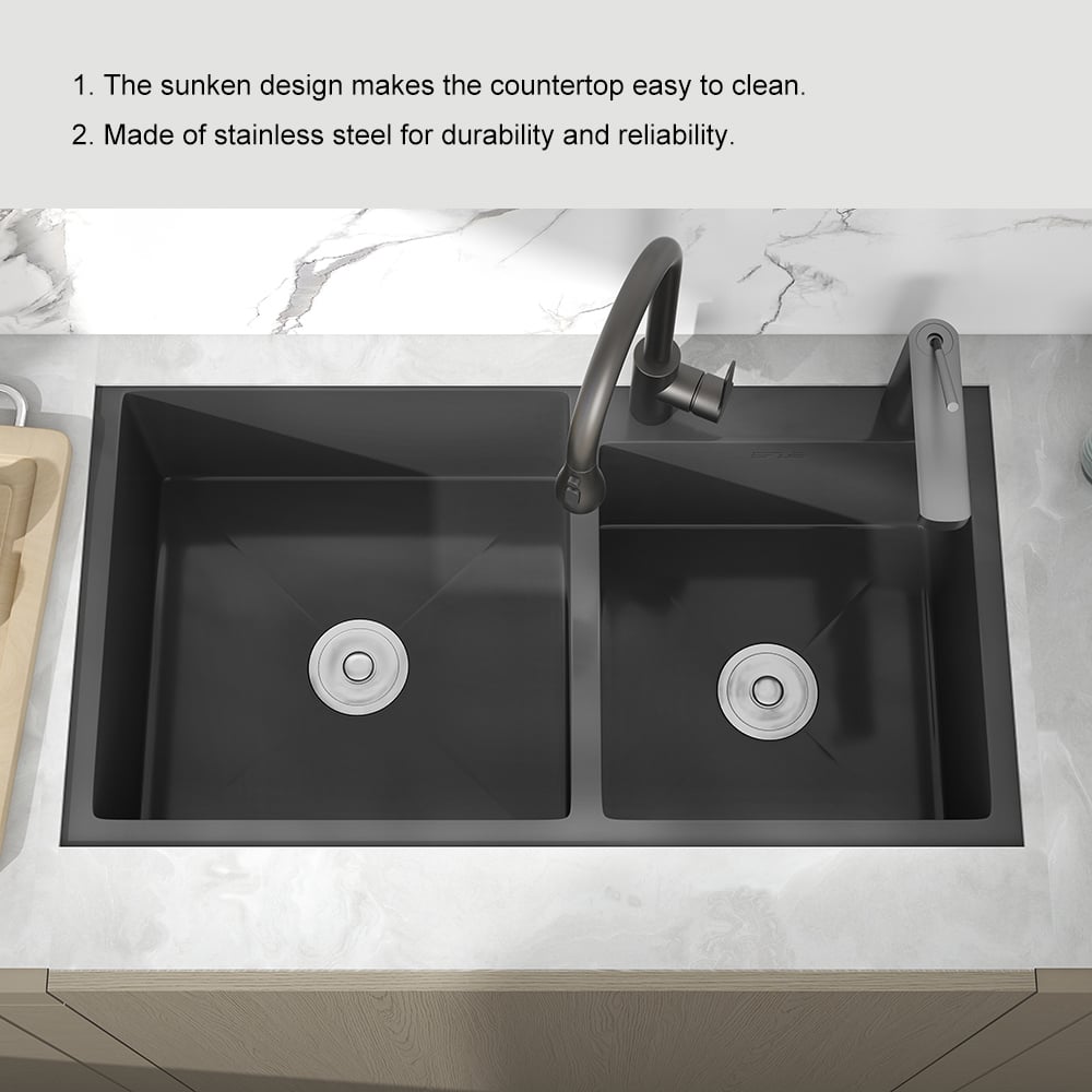 32" Black Stainless Steel Kitchen Sink Double Bowls Drop-In Sink with Drain and Overflow