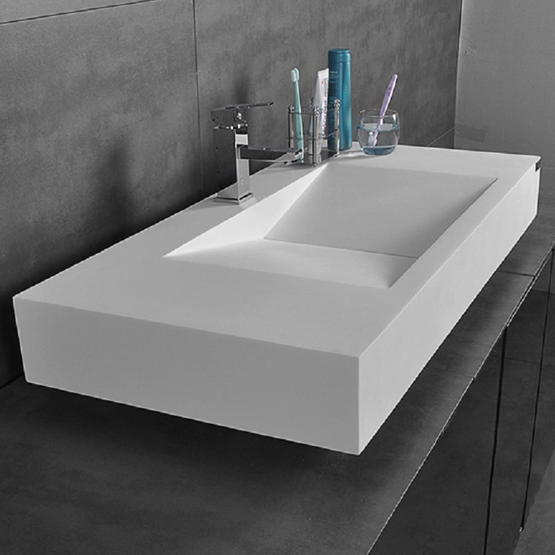 Matte White Wall-Mount Floating Sink Solid Surface Stone Resin Bathroom V-Shaped Sink