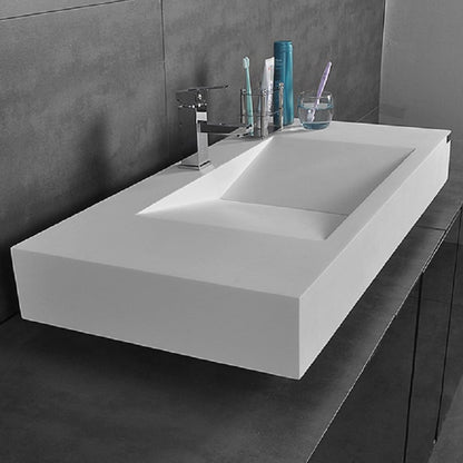 Matte White Wall-Mount Floating Sink Solid Surface Stone Resin Bathroom V-Shaped Sink