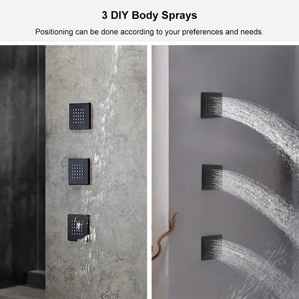 Wall Mounted Waterfall Rain Shower System with 3 Body Sprays in Matte Black Solid Brass