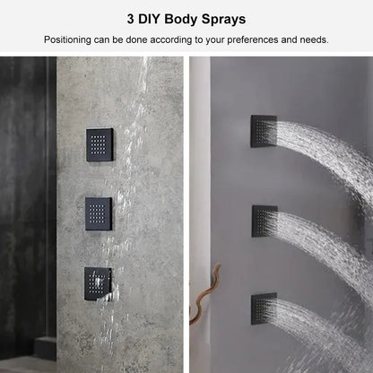 Wall Mounted Waterfall Rain Shower System with 3 Body Sprays in Matte Black Solid Brass