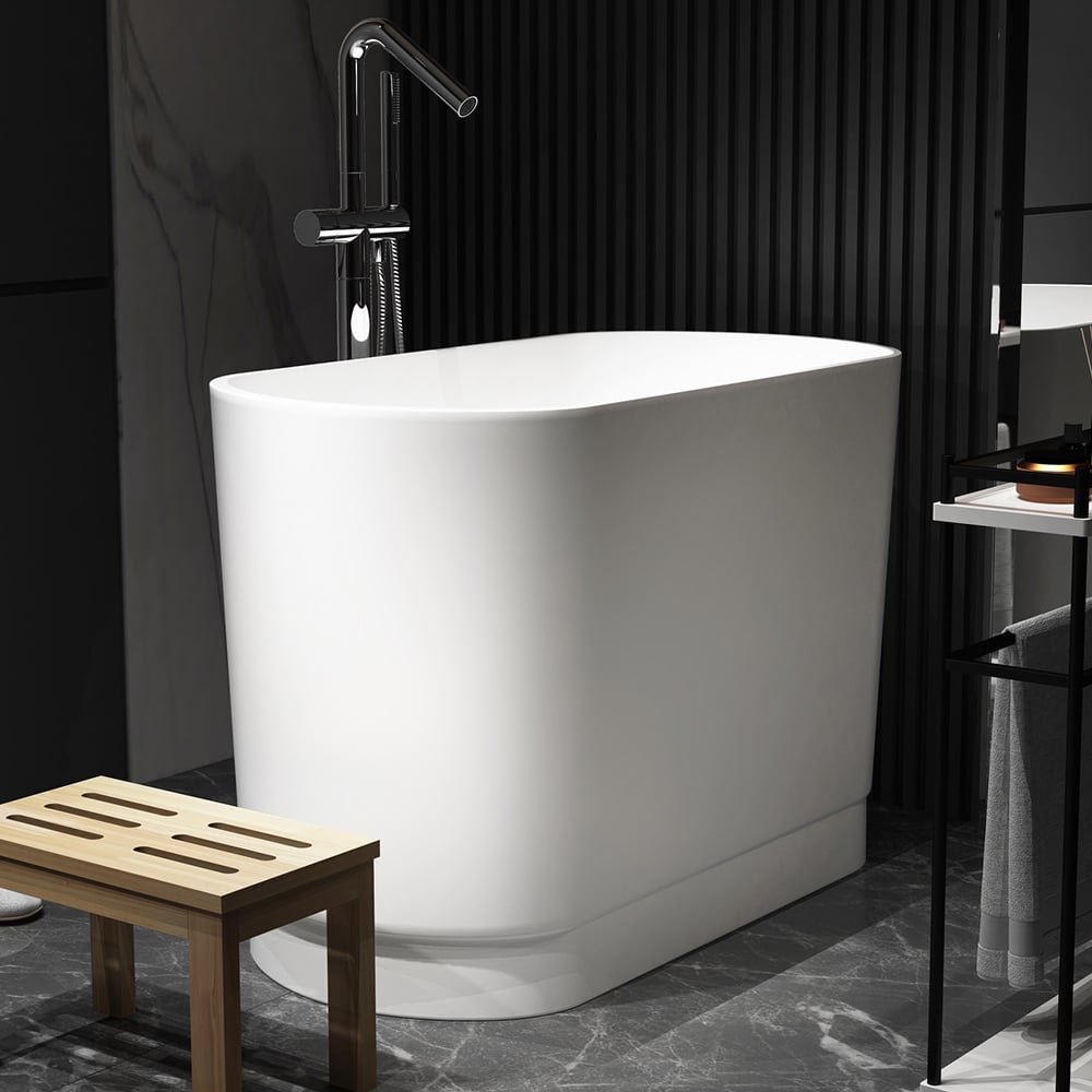 40" Japanese Modern Deep Oval Freestanding Stone Resin Soaking Bathtub White