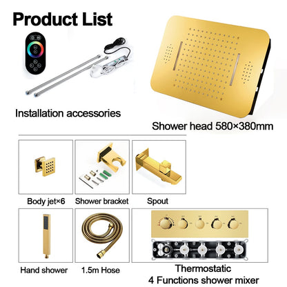 Wall-Mounted Shower System in Gold Thermostatic 4 Functions 23"