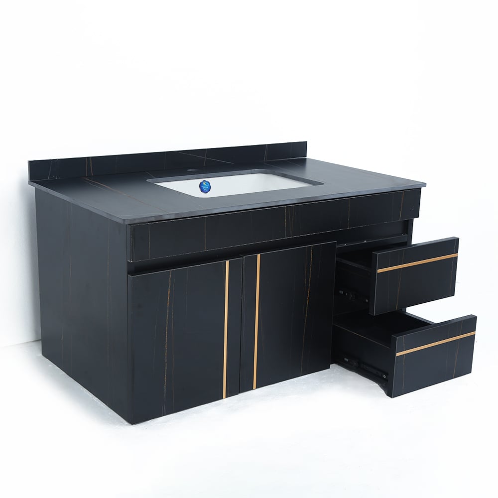 35" Floating Bathroom Vanity Faux Marble with Single Ceramic Sink Black