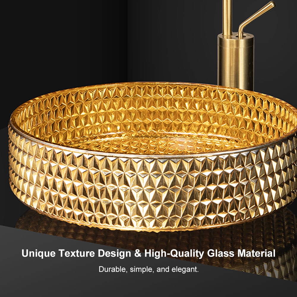 15" Modern Luxury Diamond Shaped Crystal Glass Bathroom Vessel Sink in Gold
