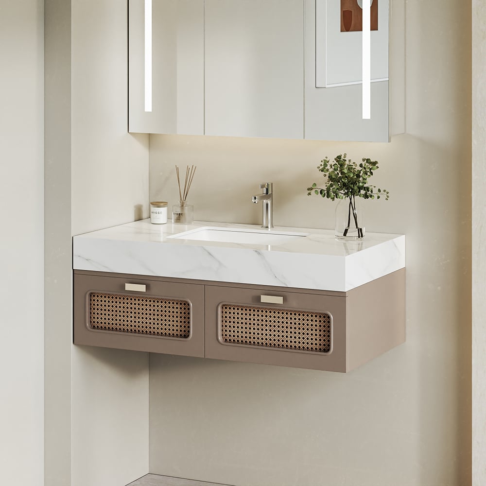 35" Floating Single Bathroom Vanity with Faux Marble Top Rattan Door