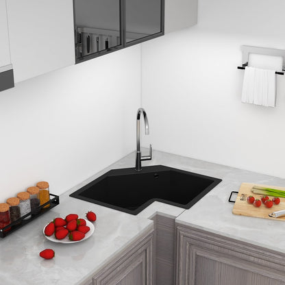 25" Black Drop In Corner Kitchen Sink Modern Single Bowl Quartz Irregular Sink