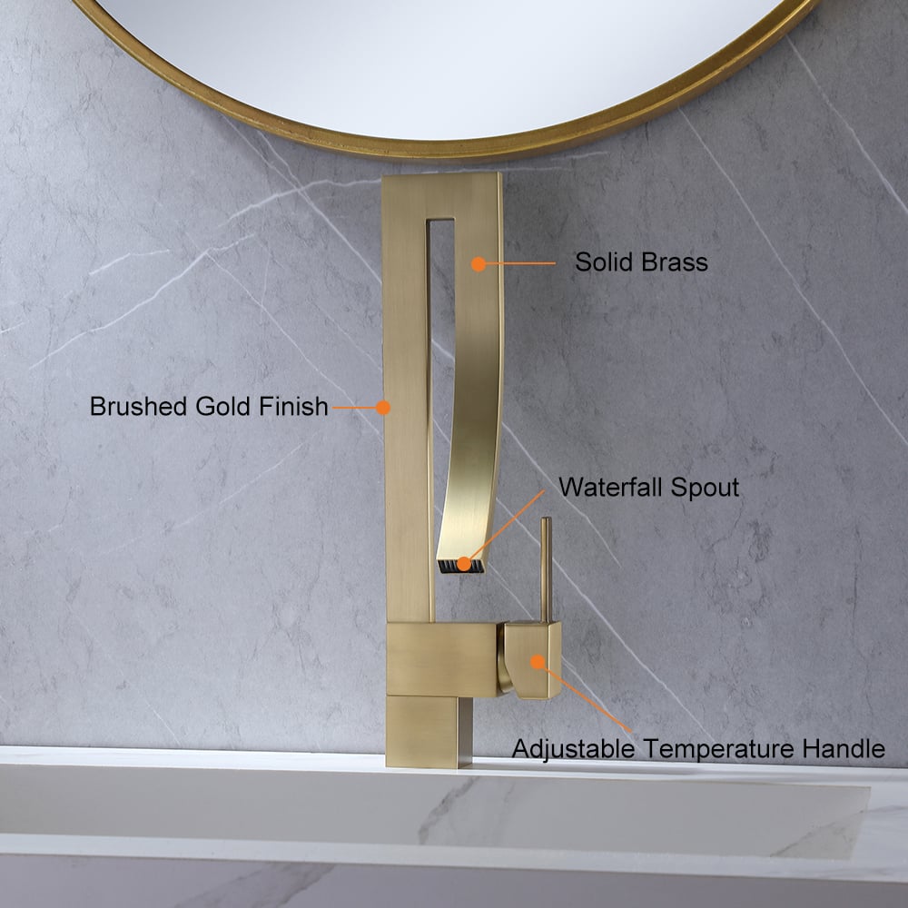 Brushed Gold Waterfall Bathroom Sink Faucet Single Hole Single Handle Brass Modern Style