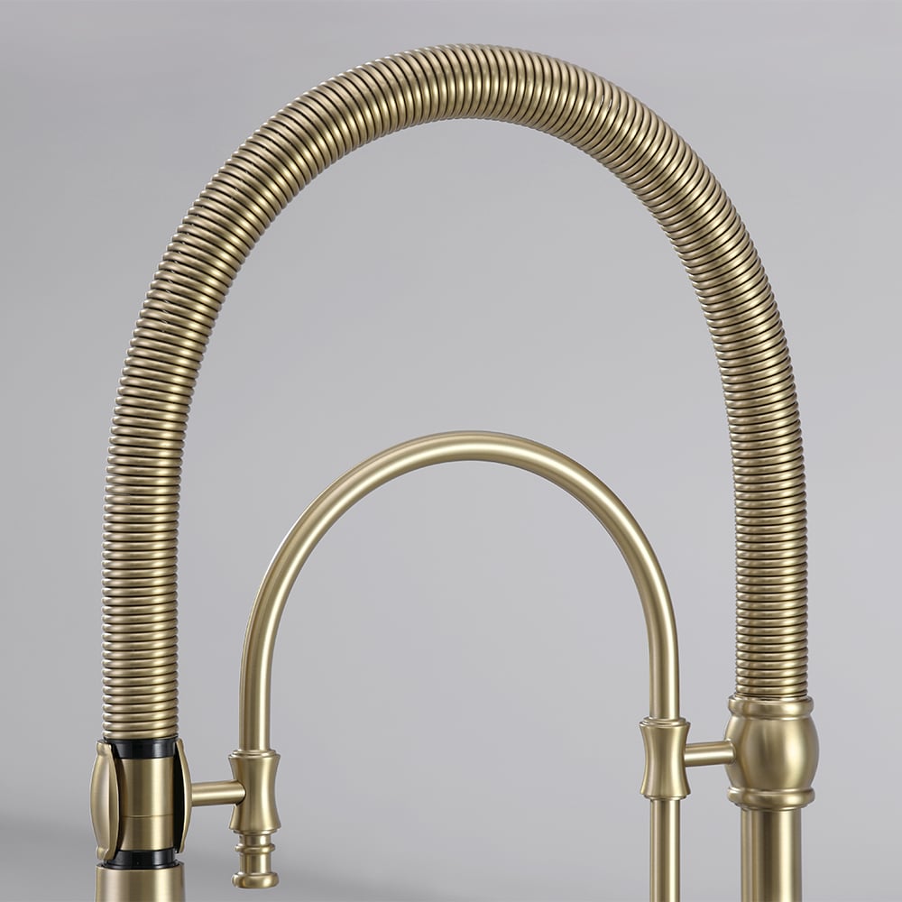 Brushed Gold High Arc Dual-Mode Pull-Down Kitchen Faucet Solid Brass Porcelain Handle