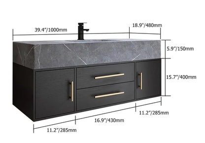Modern 39" Black Floating Single Bathroom Vanity with Sintered Stone Top and Sink