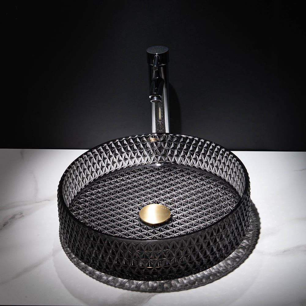 15" Vessel Transparent Diamond Shaped Crystal Glass Bathroom Wash Sink in Black