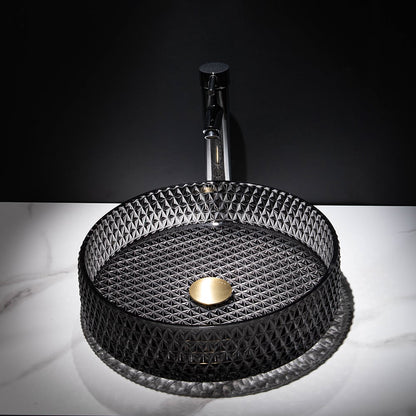 15" Vessel Transparent Diamond Shaped Crystal Glass Bathroom Wash Sink in Black