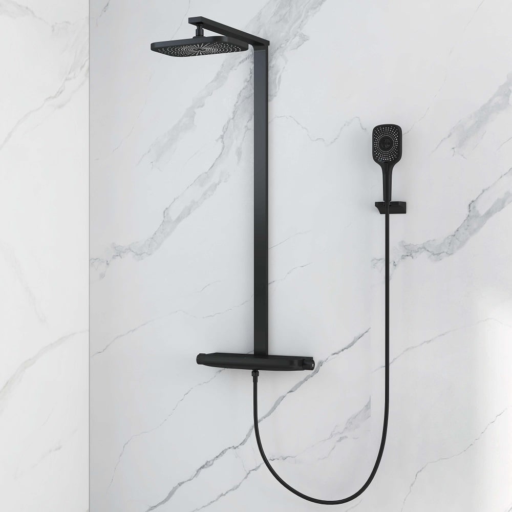 Black Exposed Rainfall Shower System with Handshower & Stone Rack Solid Brass