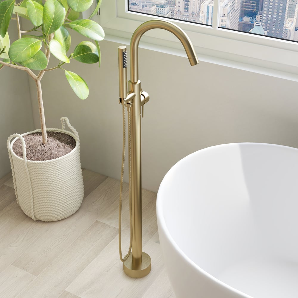 Brewst Freestanding Single Handle Tub Filler Faucet with Handshower Brass Brushed Gold