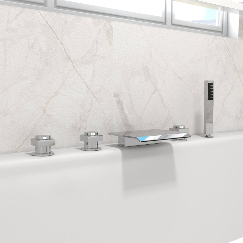 Moda Contemporary Waterfall Deck-Mount Roman Tub Faucet with Handshower in Chrome