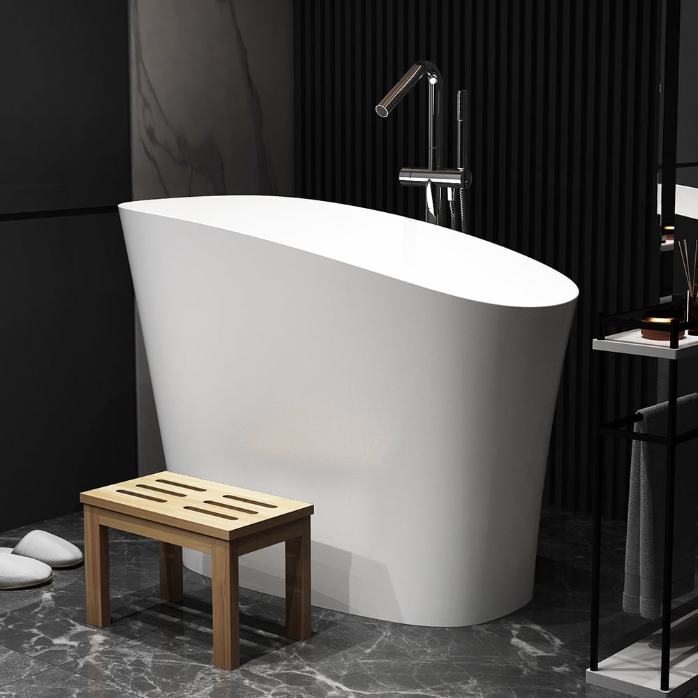 47" Japanese Modern Irregular Freestanding Stone Resin Soaking Bathtub White
