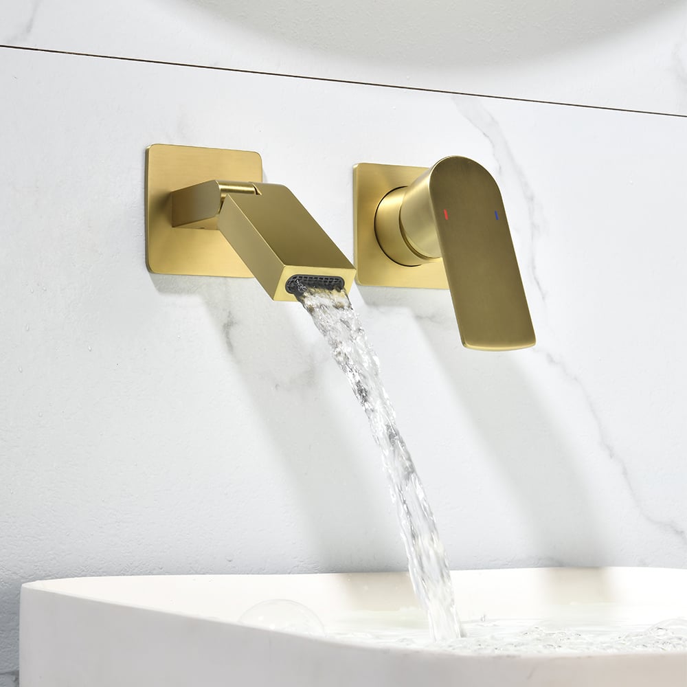 Brushed Gold Waterfall Bathroom Sink Faucet with Swirling Spout Wall-Mounted Solid Brass