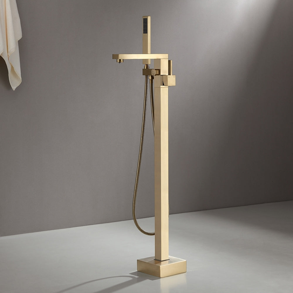 Freestanding Bathtub Faucet Gold Brushed Brass with Hand Shower