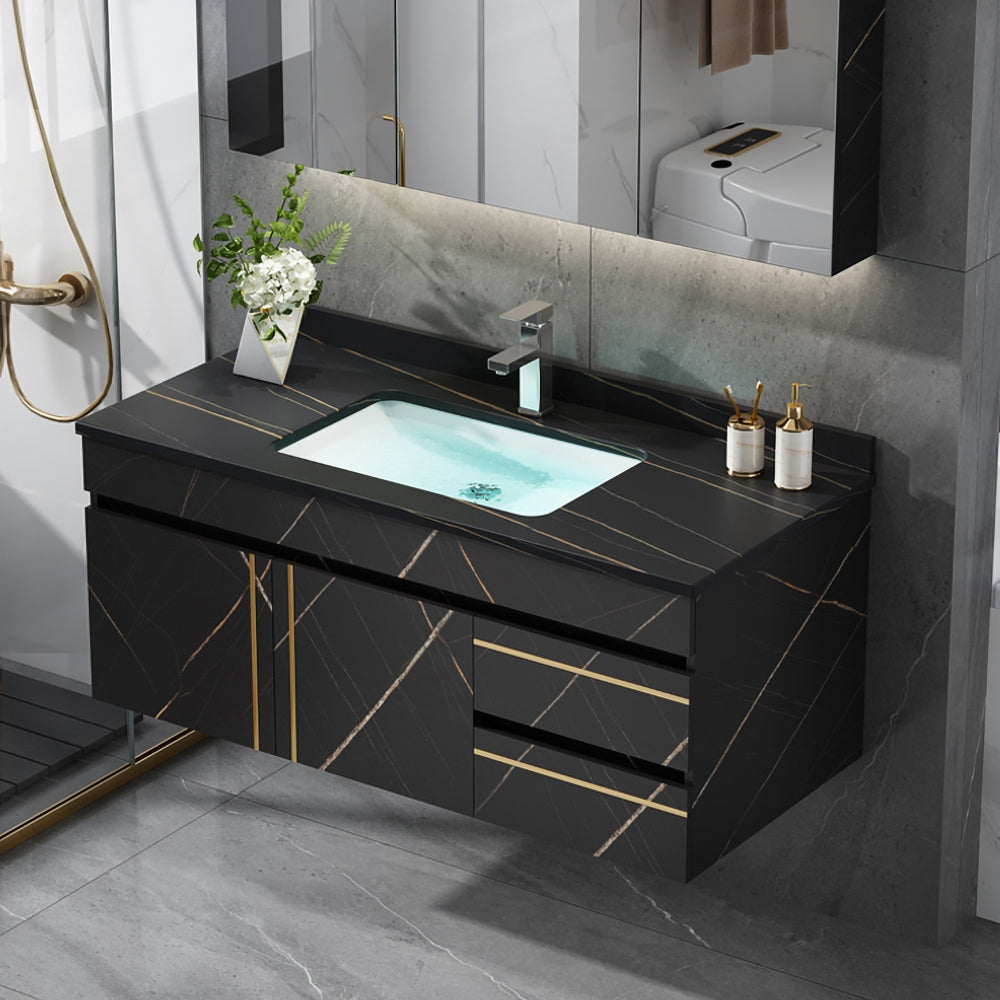 35" Floating Bathroom Vanity Faux Marble with Single Ceramic Sink Black