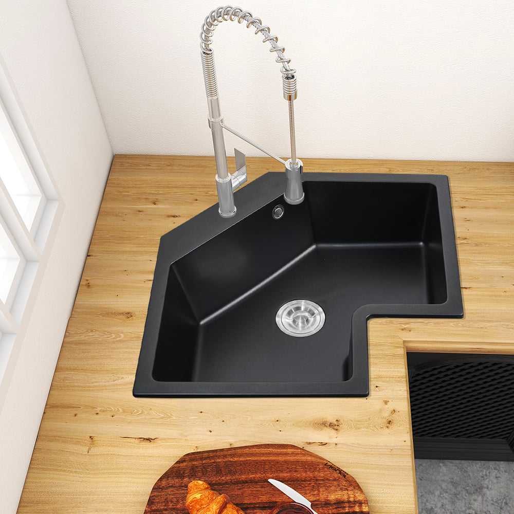 25" Black Drop In Corner Kitchen Sink Modern Single Bowl Quartz Irregular Sink