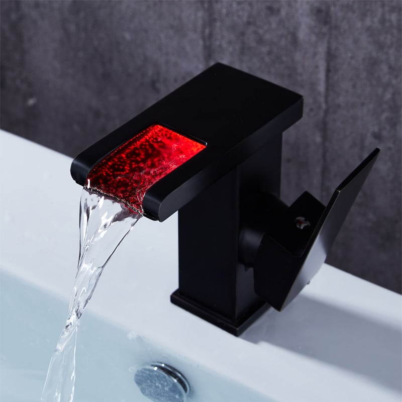 Jess Modern LED Waterfall Single Handle Brass Faucet Single Hole for Bathroom Sinks Black